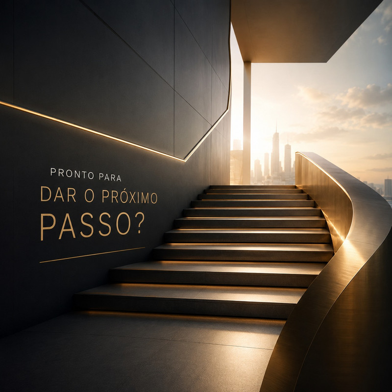 Escadaria iluminada com a inscrição Pronto para dar o próximo passo
